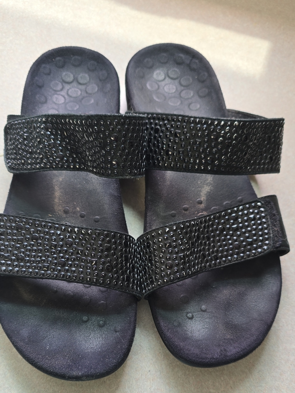 Vionic Black Double-Strap Jeweled Slide Sandals